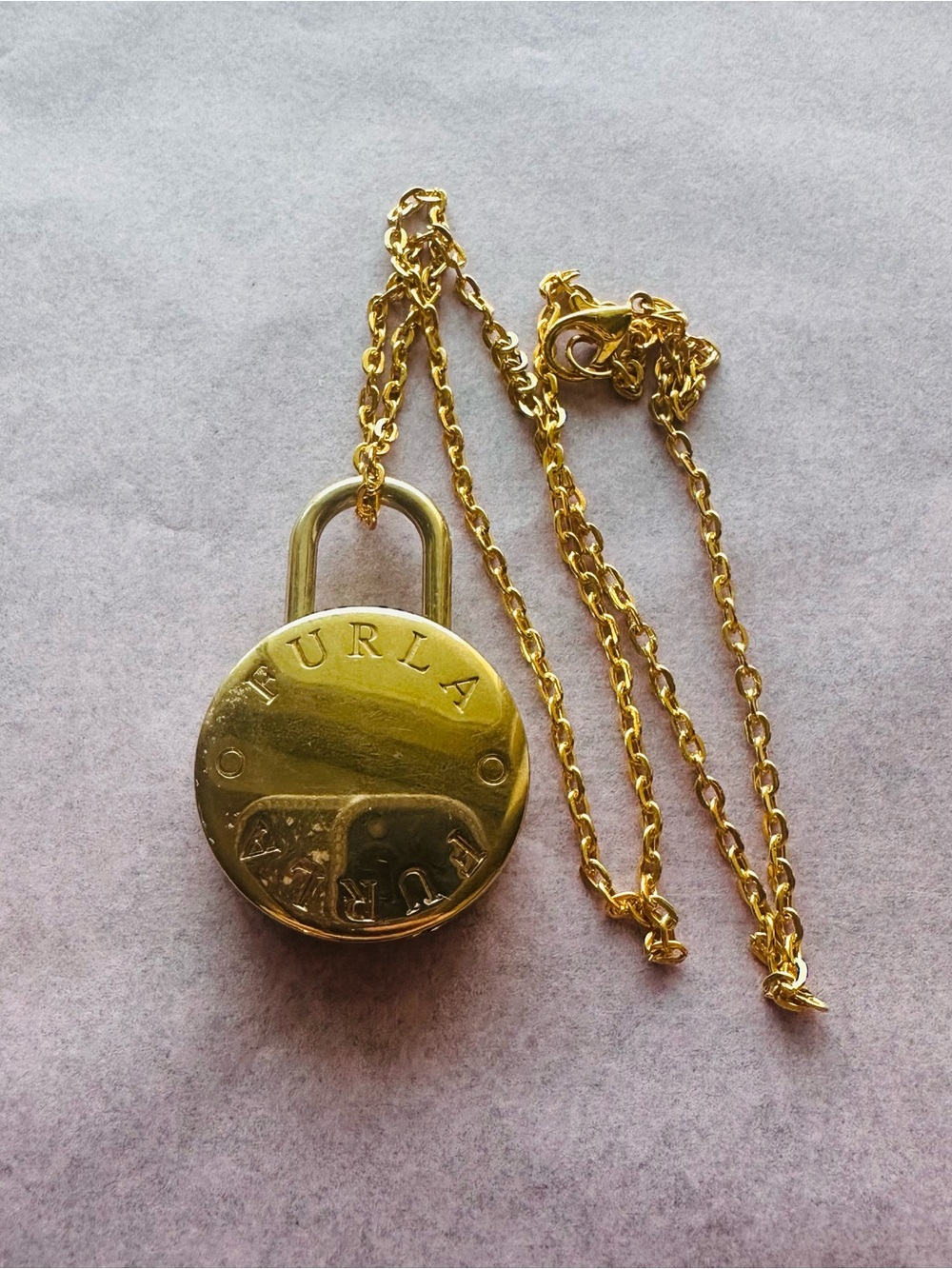 Authentic FURLA Gold-Tone Round Padlock Charm Pendant Necklace